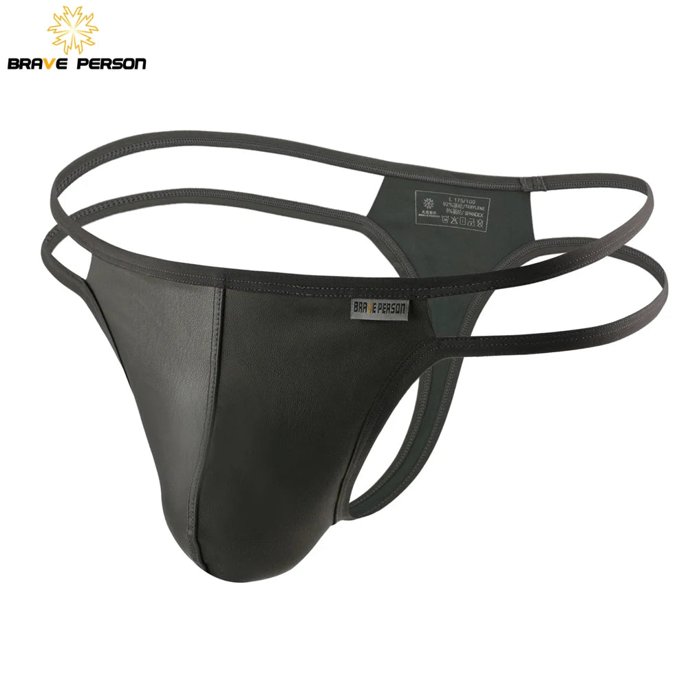 BRAVE PERSON Men Briefs Sexy Underwear Men Thongs Imitation Leather Fabric Double Belts Design Sissy Panties Thongs for Man