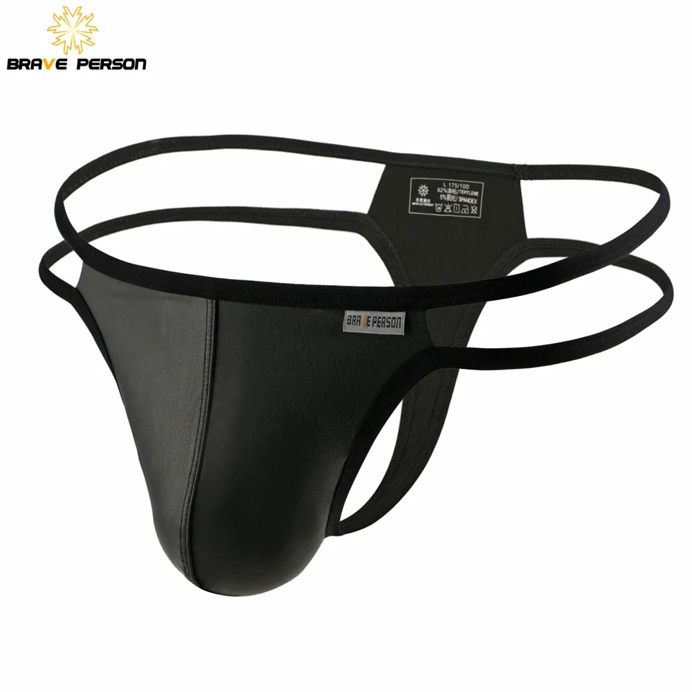 BRAVE PERSON Men Briefs Sexy Underwear Men Thongs Imitation Leather Fabric Double Belts Design Sissy Panties Thongs for Man