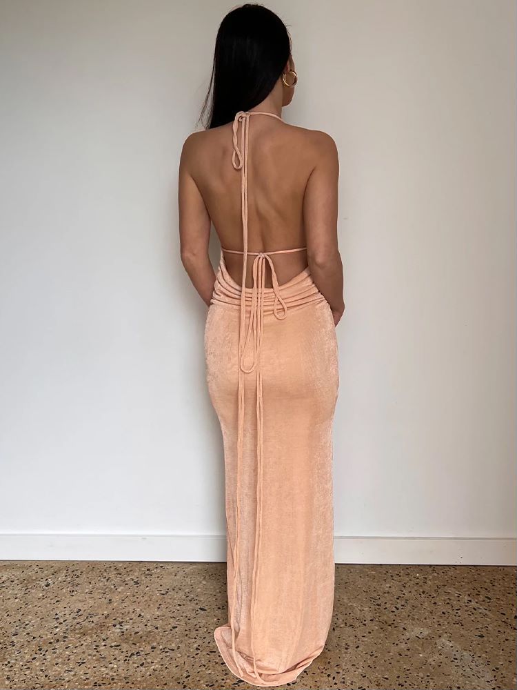 #PB Elegant Backless Draped Maxi Dress - passionbarn.com