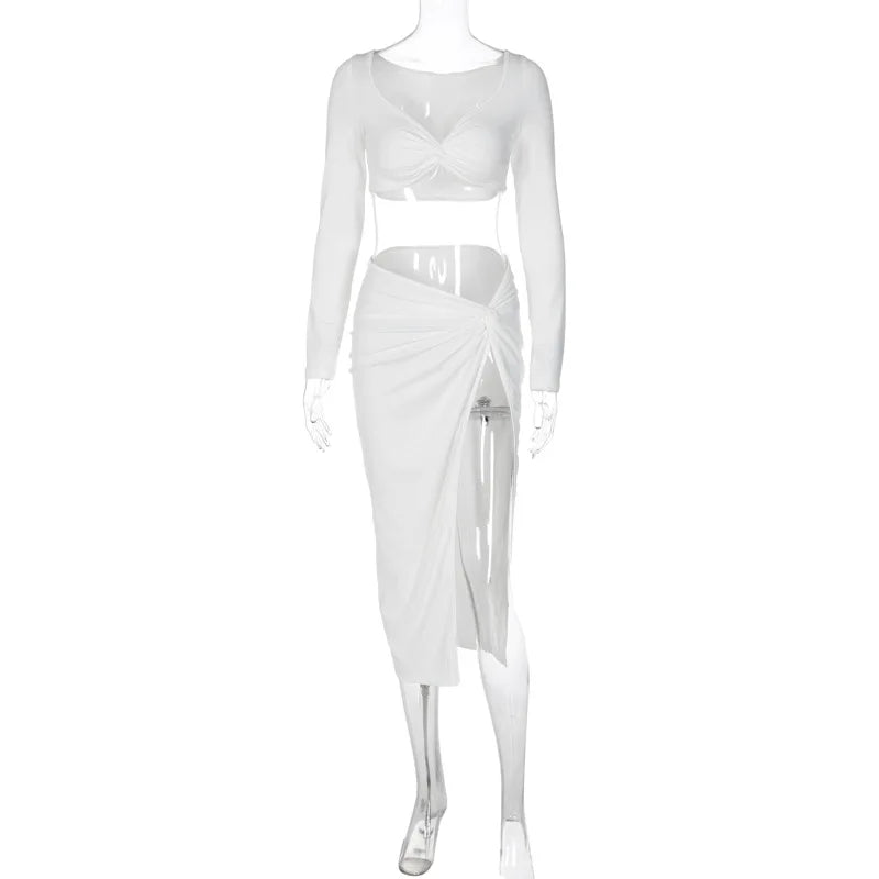 #PB Ruched Long Sleeve Cropped Top and Skirt Set - passionbarn.com