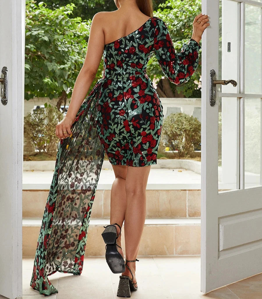 #PB Floral Sequin Mini Prom Dress - passionbarn.com