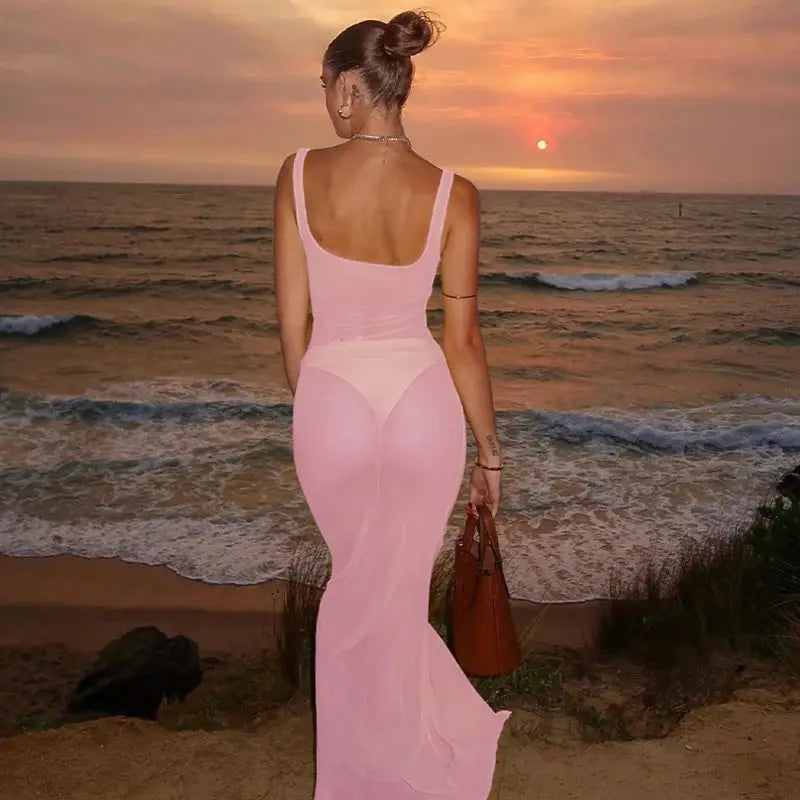 Cryptographic Square Neck Mesh See Through Maxi Dress Backless for Women Holiday Beach Tulle Dresses Summer Outfits Solid Robe - passionbarn.com