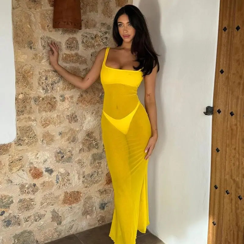 Cryptographic Square Neck Mesh See Through Maxi Dress Backless for Women Holiday Beach Tulle Dresses Summer Outfits Solid Robe - passionbarn.com