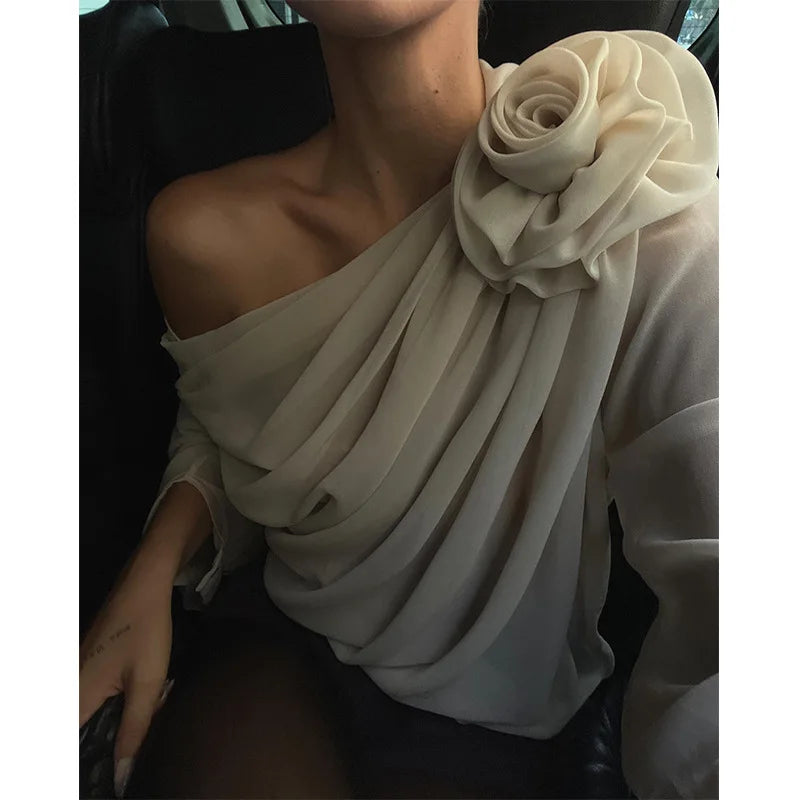 #PB Skew Collar Floral Mesh Chiffon Top - passionbarn.com
