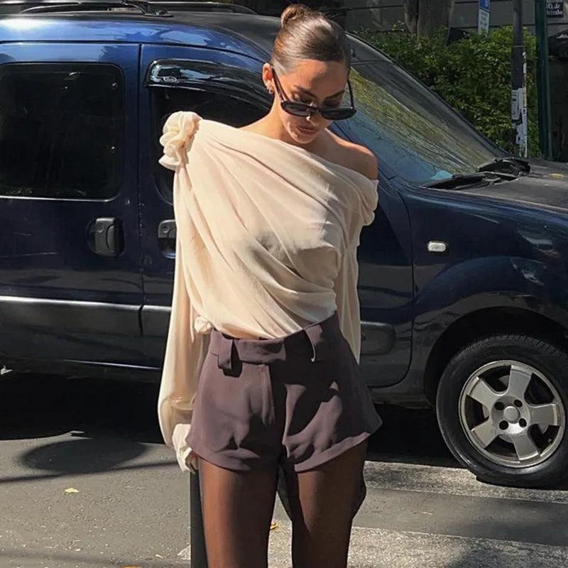 #PB Skew Collar Floral Mesh Chiffon Top - passionbarn.com