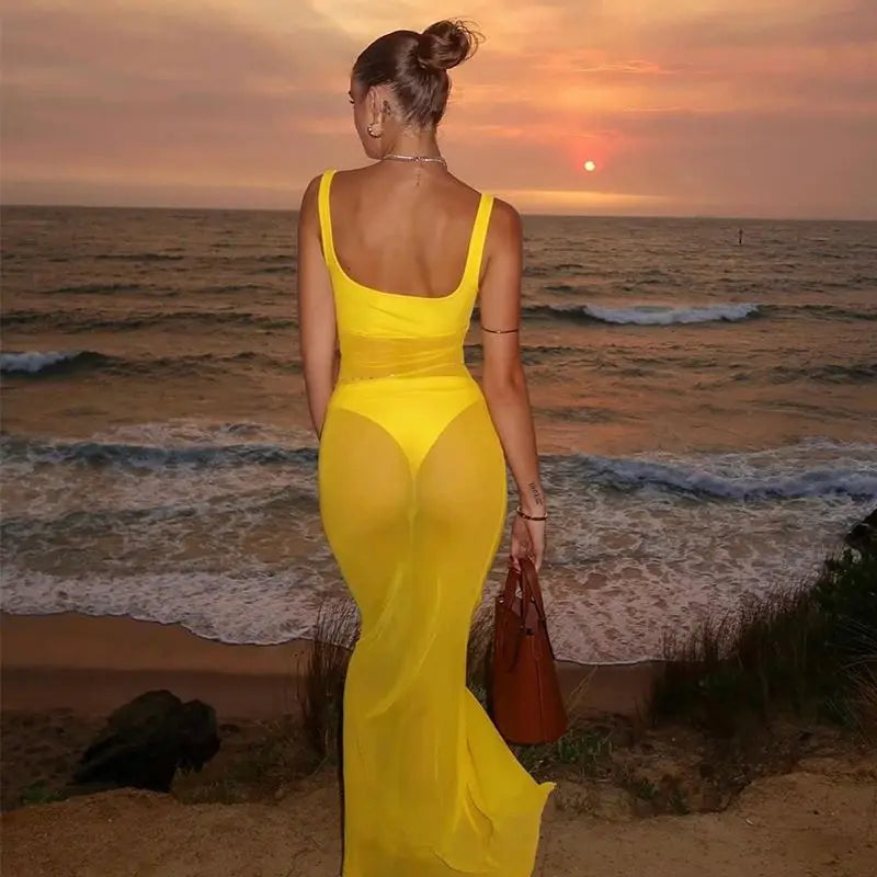 Cryptographic Square Neck Mesh See Through Maxi Dress Backless for Women Holiday Beach Tulle Dresses Summer Outfits Solid Robe - passionbarn.com