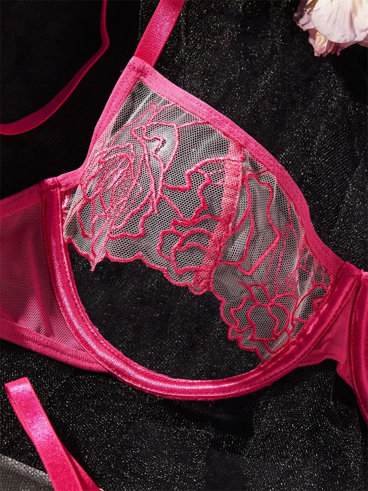 #PB Rose Embroidery Transparent Lingerie Set - passionbarn.com