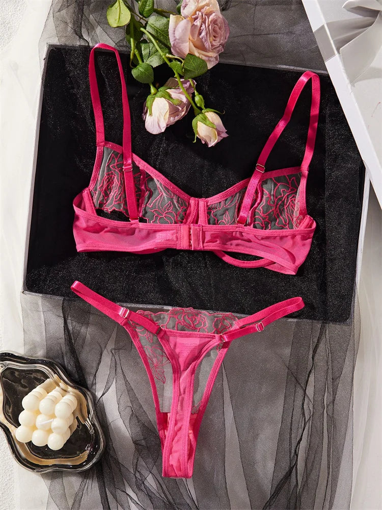 #PB Rose Embroidery Transparent Lingerie Set - passionbarn.com