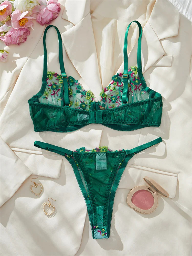 #PB Floral Lingerie Delicate Embroidery Set - passionbarn.com