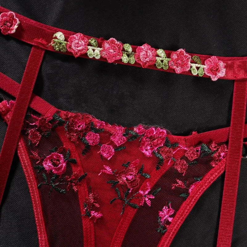 #PB 3-Piece See-Through Floral Lingerie Set - passionbarn.com