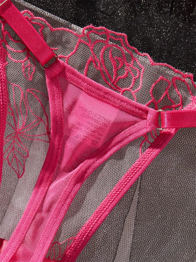 #PB Rose Embroidery Transparent Lingerie Set - passionbarn.com
