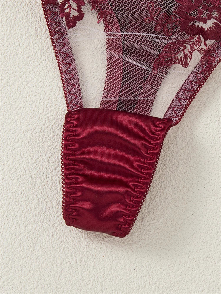 #PB Lingerie Tulle Wine Red Set - passionbarn.com