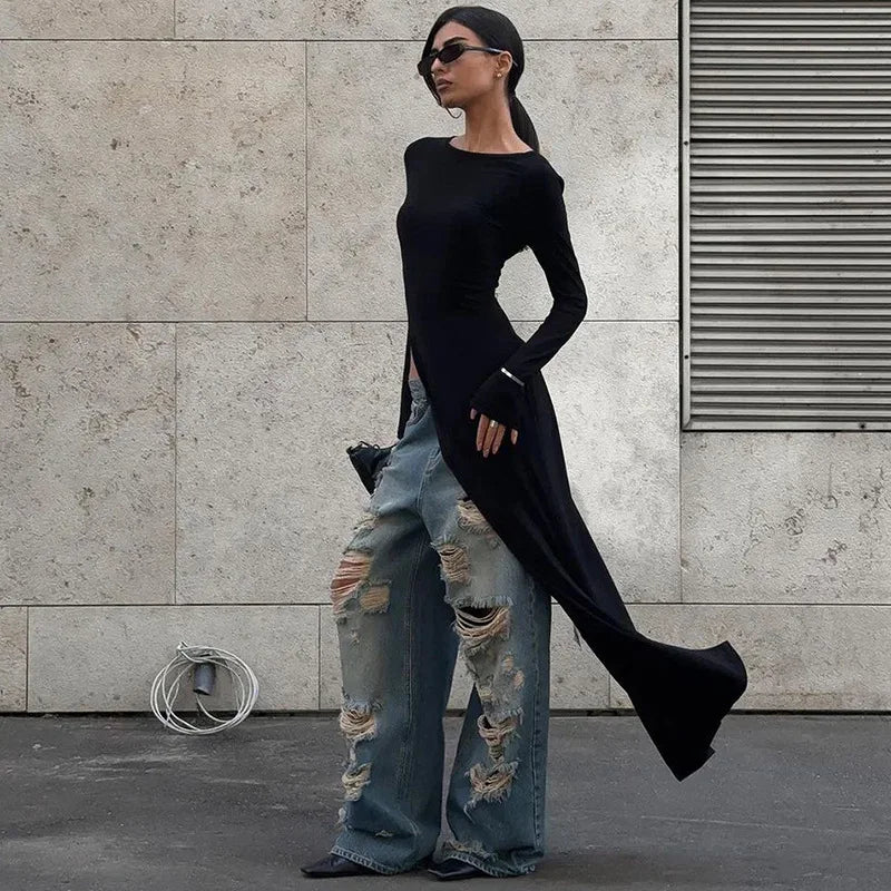 #PB Asymmetrical Long Sleeve Black Top - passionbarn.com