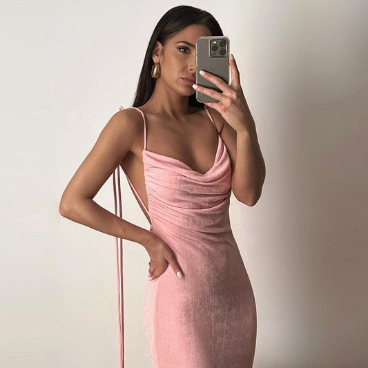 #PB Elegant Backless Draped Maxi Dress - passionbarn.com