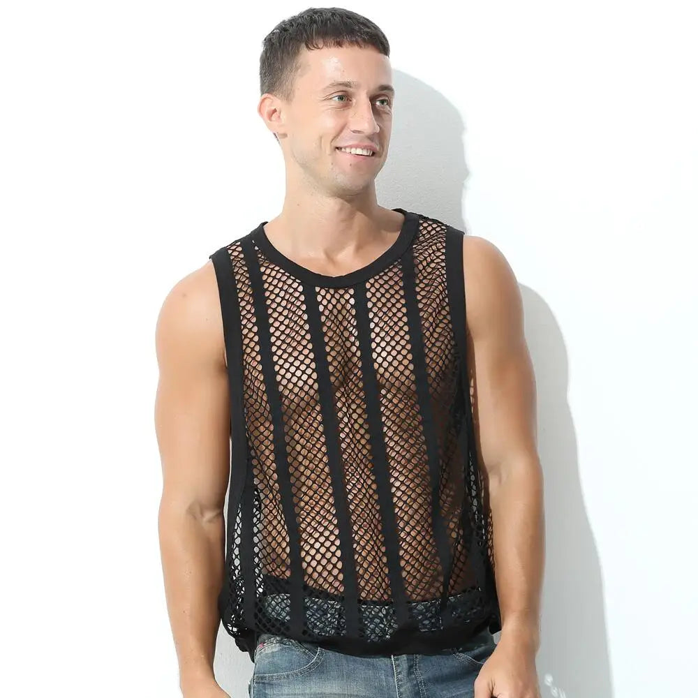 #PB Men Tank Tops Mesh Sleeveless O-neck See Through