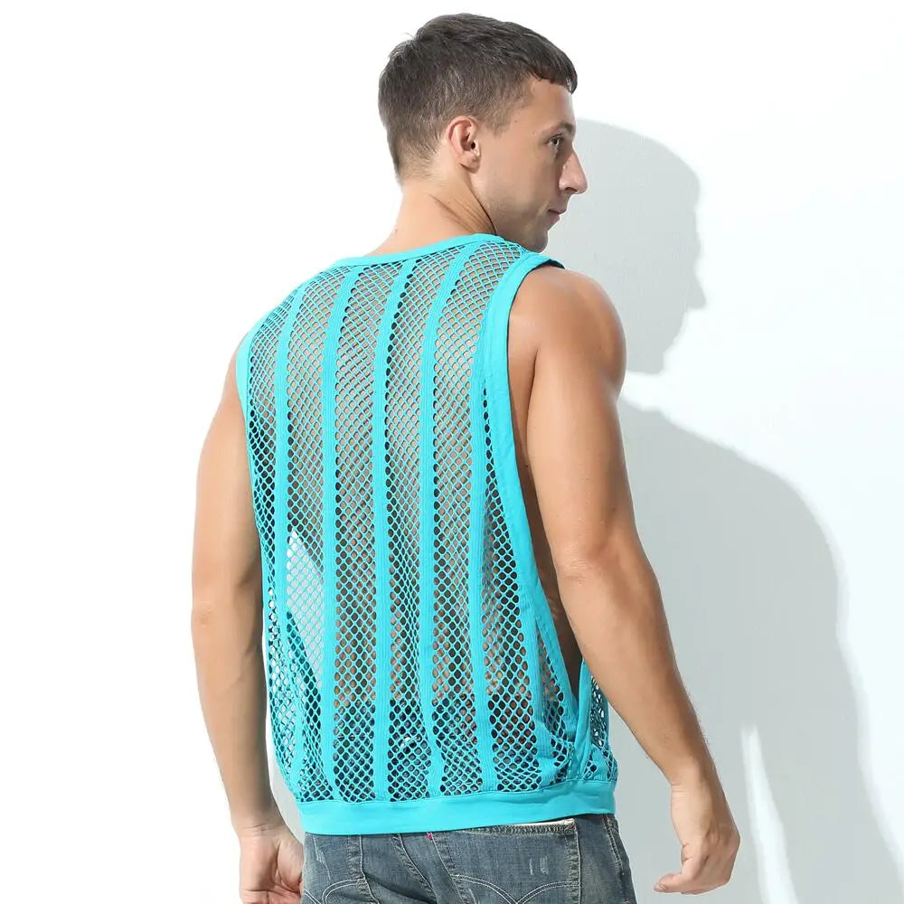 #PB Men Tank Tops Mesh Sleeveless O-neck See Through