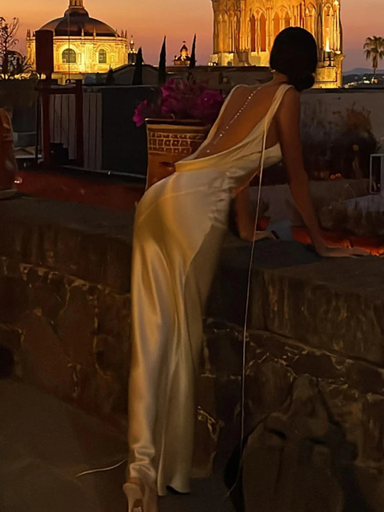 #PB Spaghetti Strap Backless Satin Slip Maxi Dress - passionbarn.com