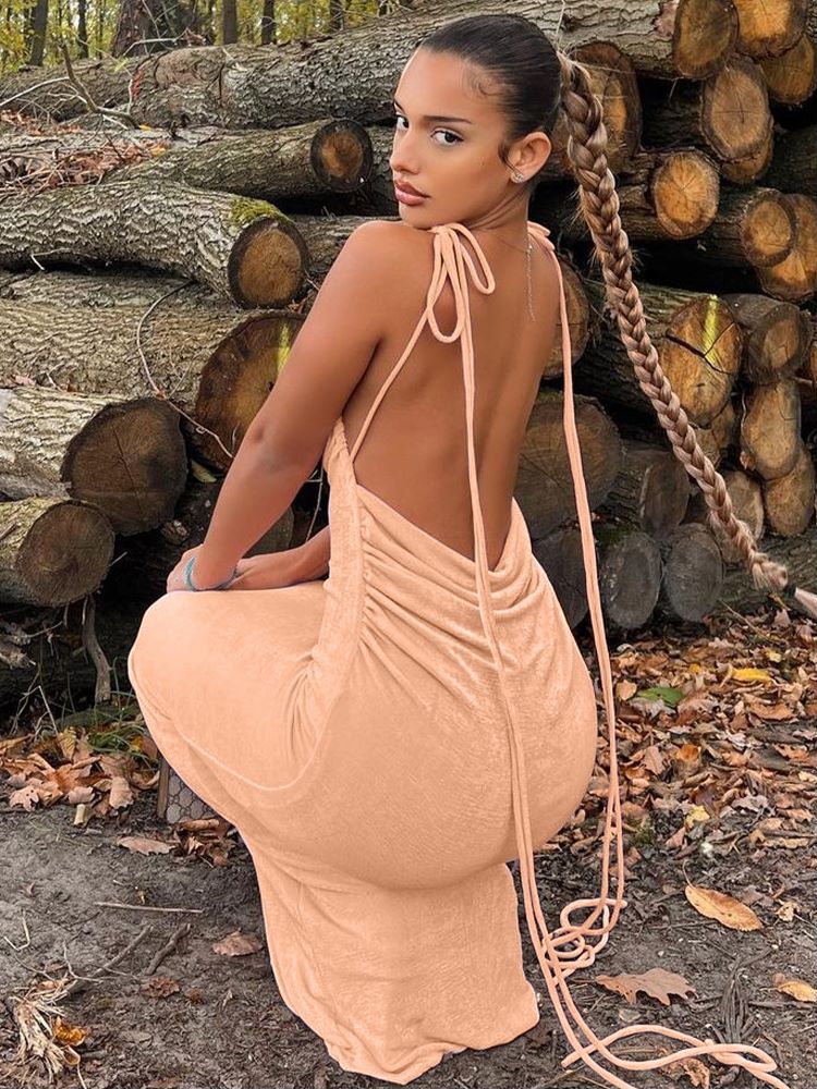 #PB Elegant Backless Draped Maxi Dress - passionbarn.com