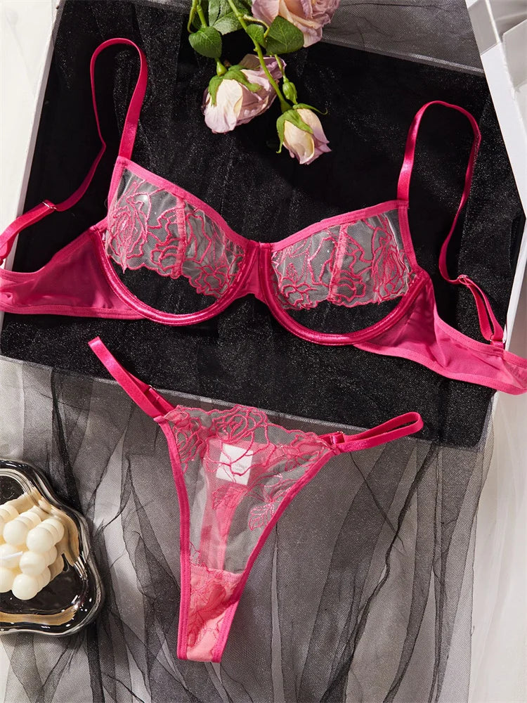 #PB Rose Embroidery Transparent Lingerie Set - passionbarn.com