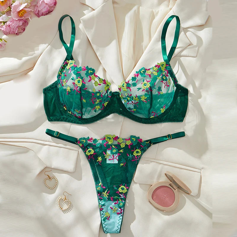 #PB Floral Lingerie Delicate Embroidery Set - passionbarn.com