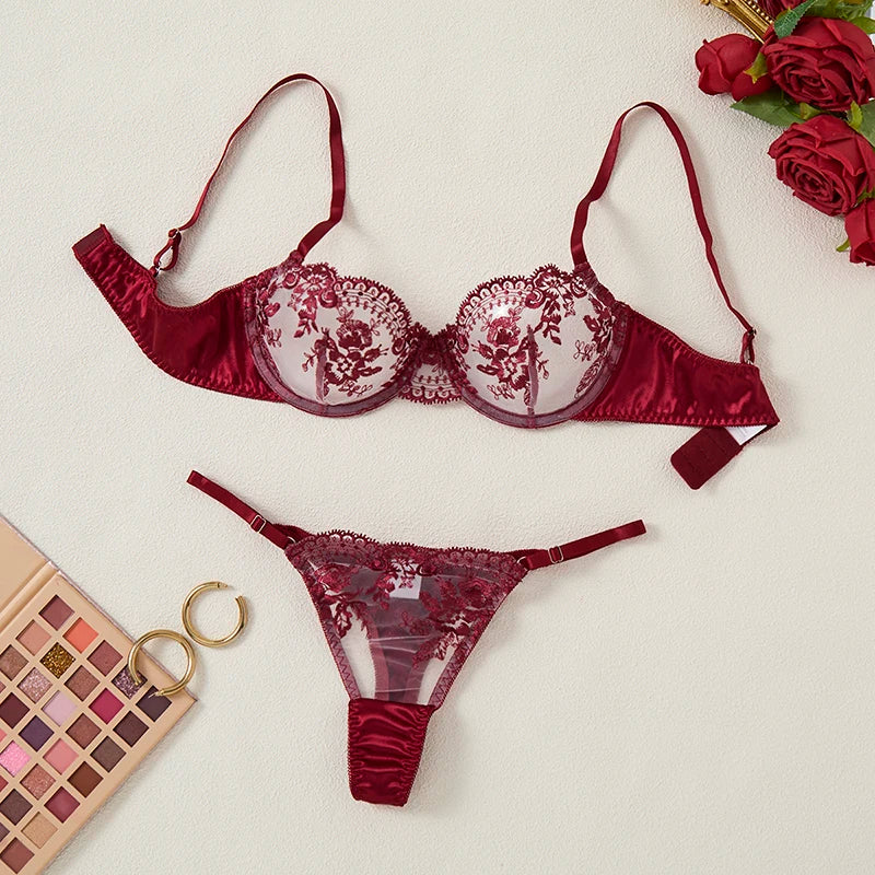#PB Lingerie Tulle Wine Red Set - passionbarn.com