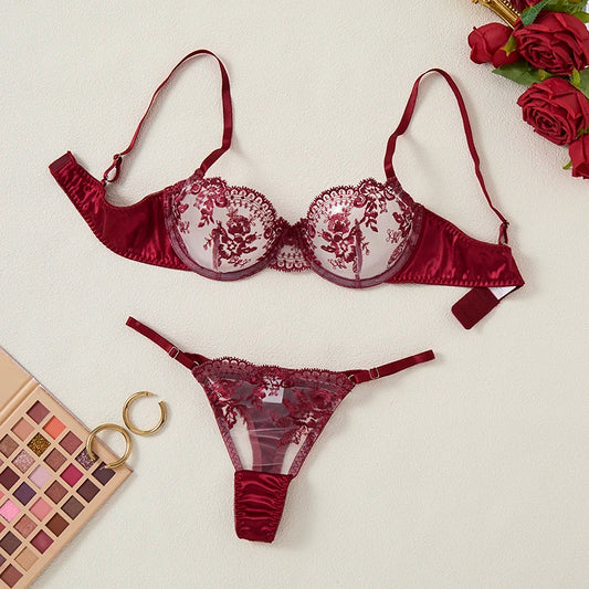 #PB Lingerie Tulle Wine Red Set - passionbarn.com