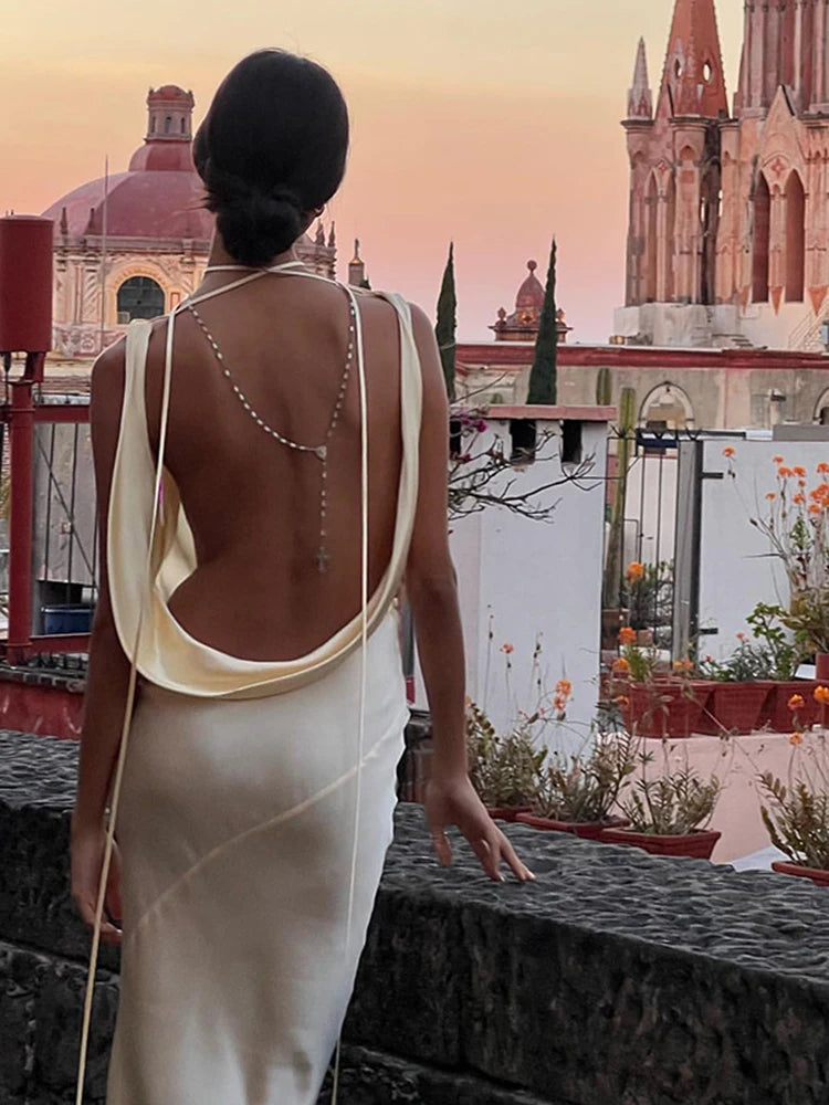 #PB Spaghetti Strap Backless Satin Slip Maxi Dress - passionbarn.com