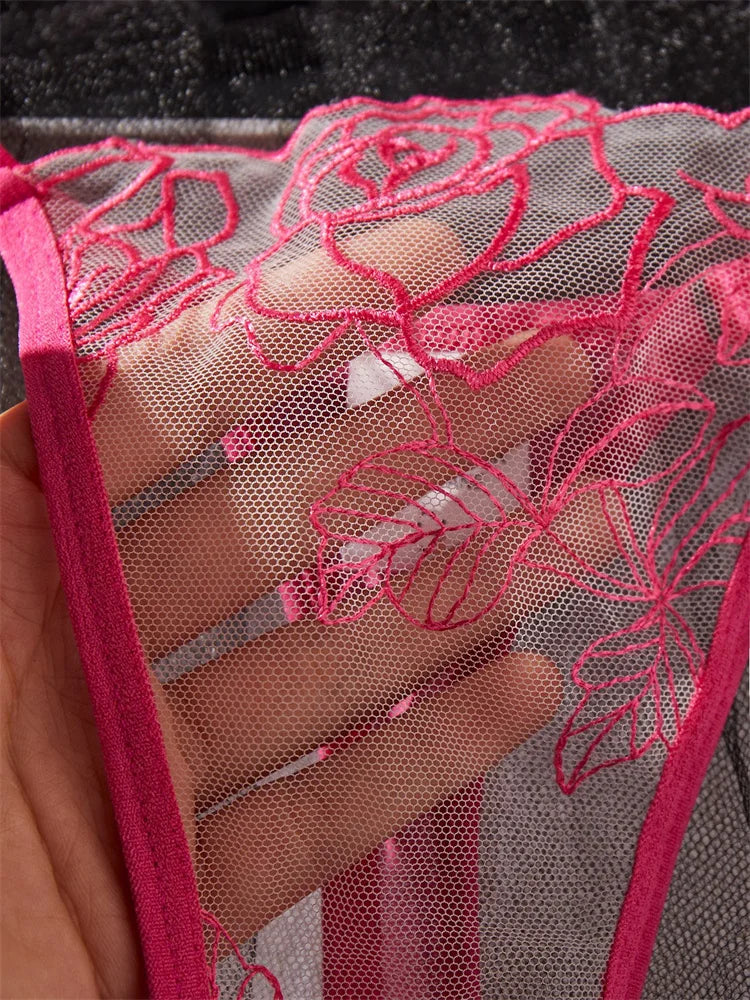 #PB Rose Embroidery Transparent Lingerie Set - passionbarn.com