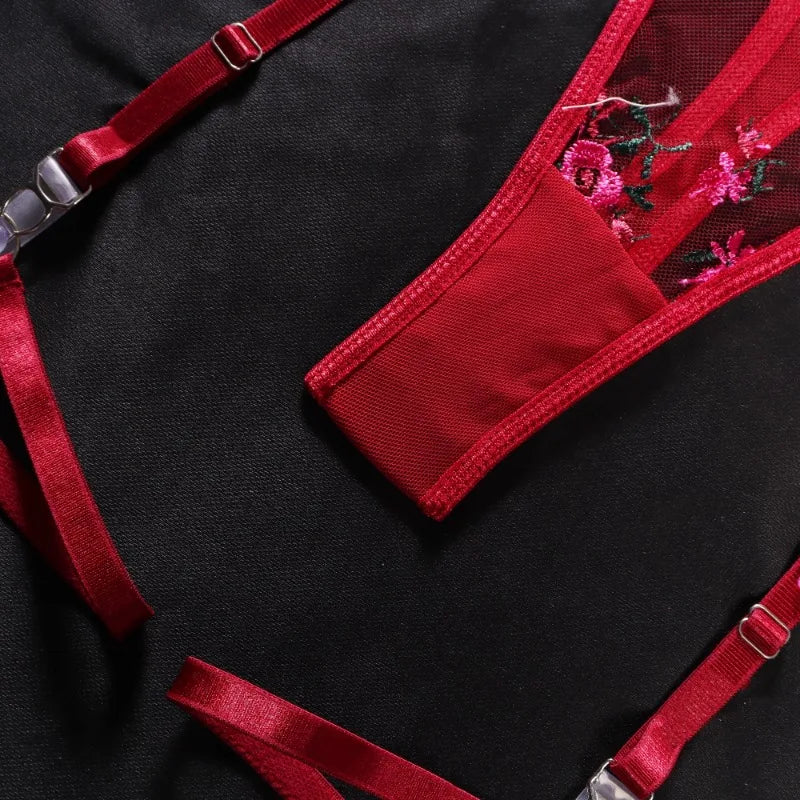 #PB 3-Piece See-Through Floral Lingerie Set - passionbarn.com