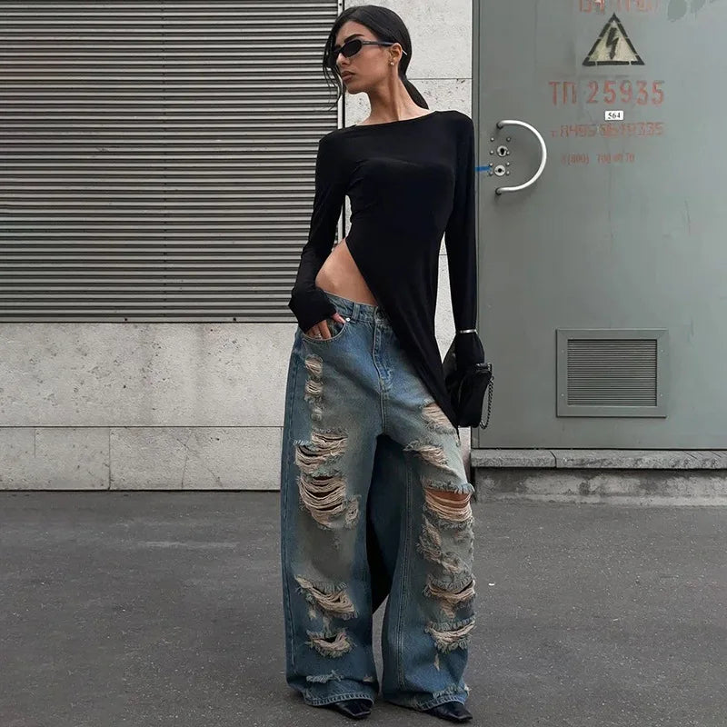 #PB Asymmetrical Long Sleeve Black Top - passionbarn.com