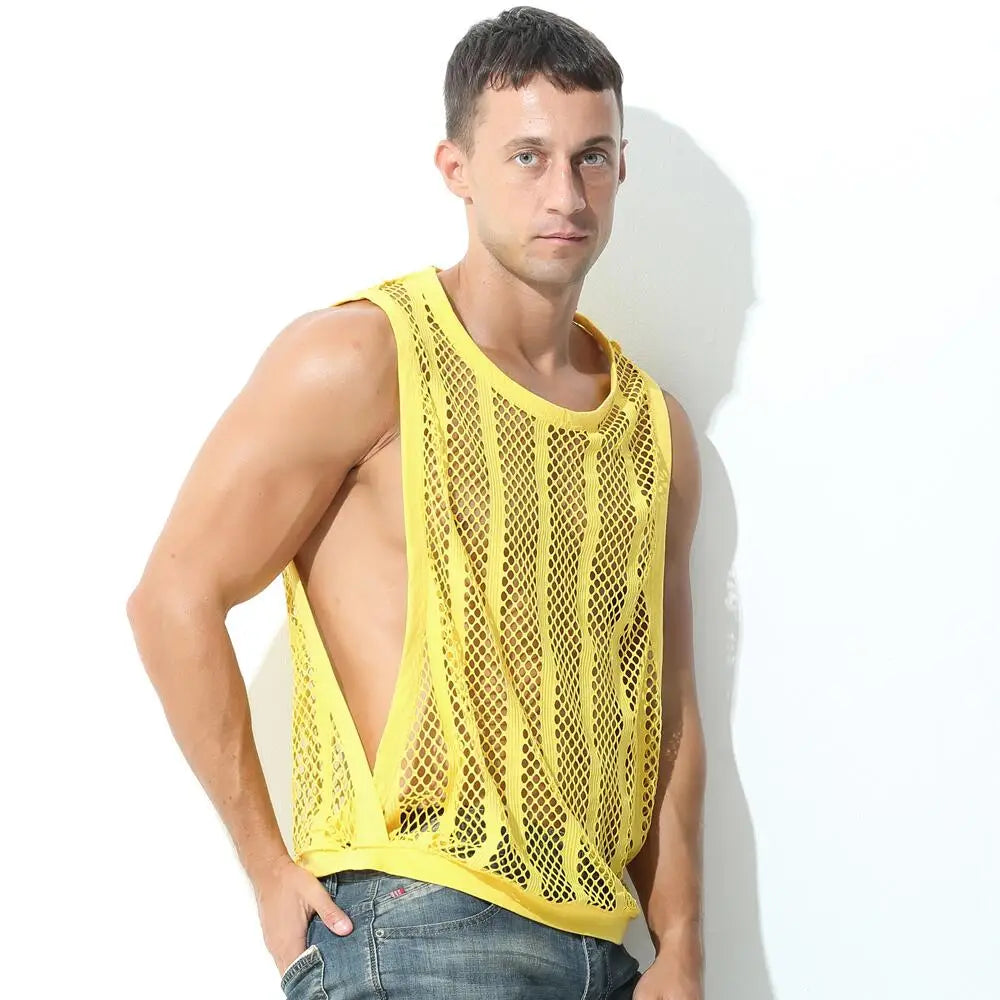 #PB Men Tank Tops Mesh Sleeveless O-neck See Through