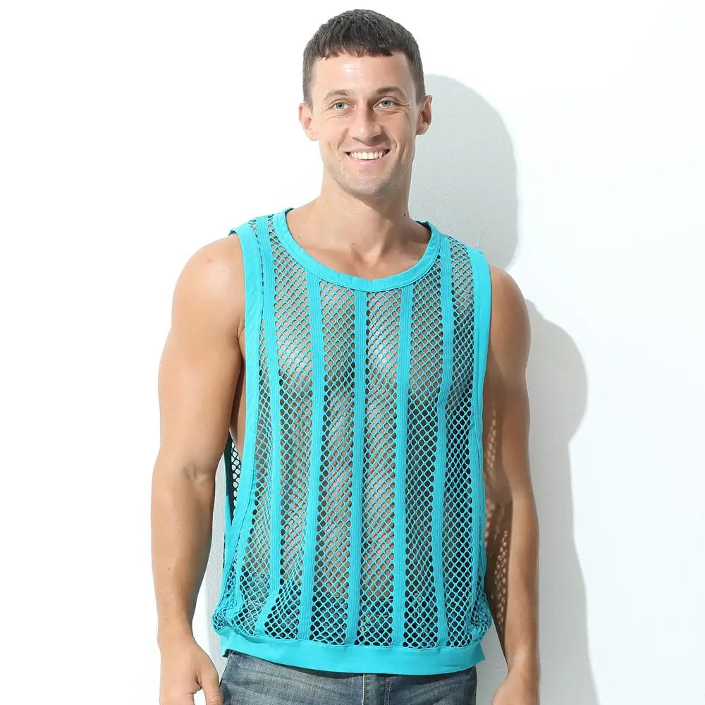 #PB Men Tank Tops Mesh Sleeveless O-neck See Through