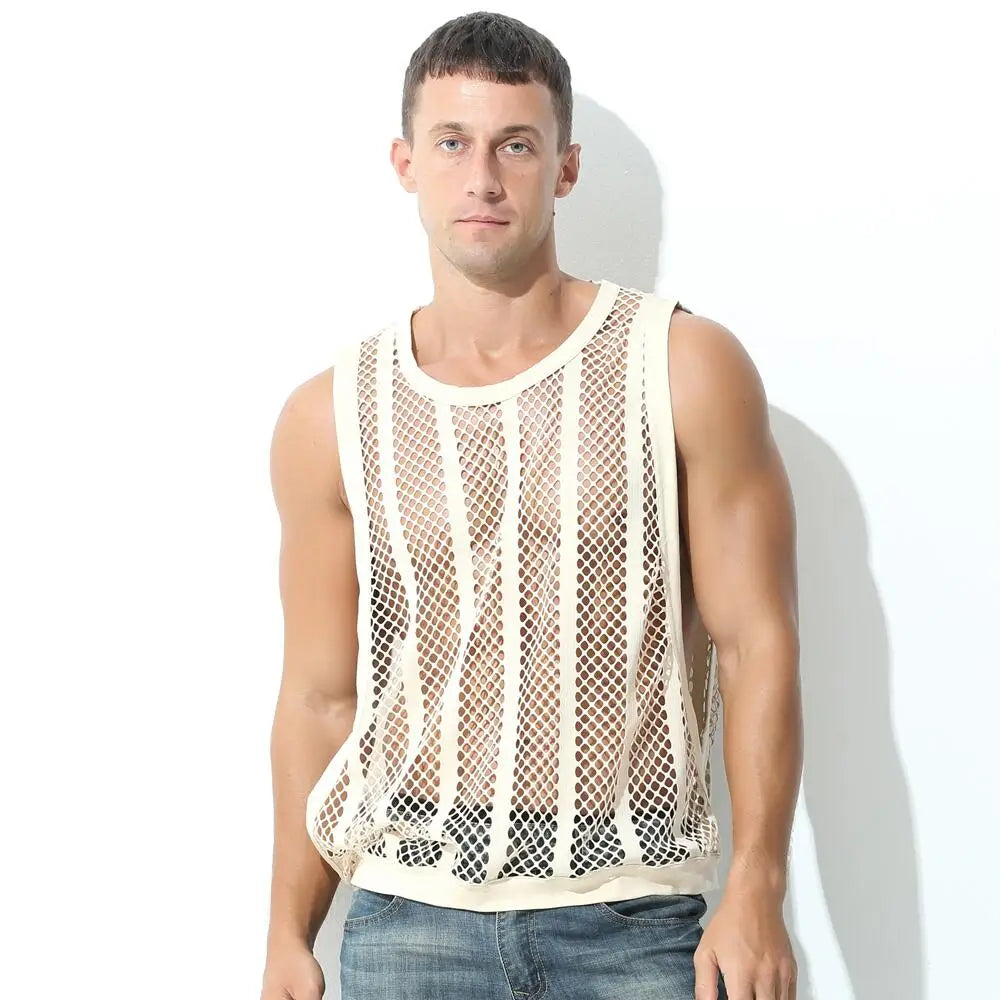 #PB Men Tank Tops Mesh Sleeveless O-neck See Through
