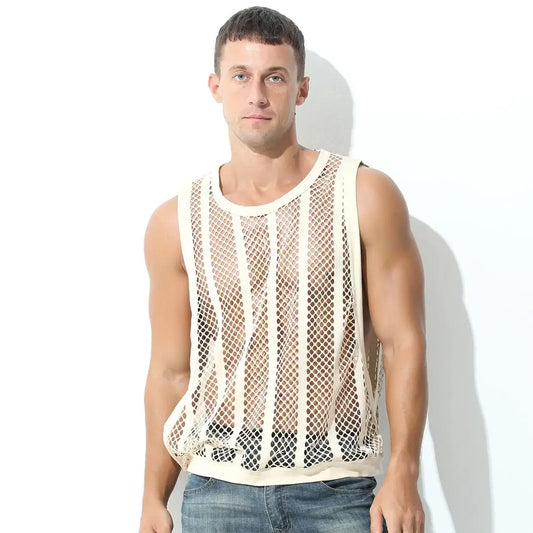 #PB Men Tank Tops Mesh Sleeveless O-neck See Through