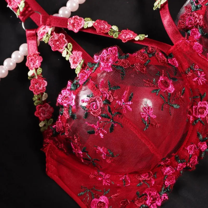#PB 3-Piece See-Through Floral Lingerie Set - passionbarn.com