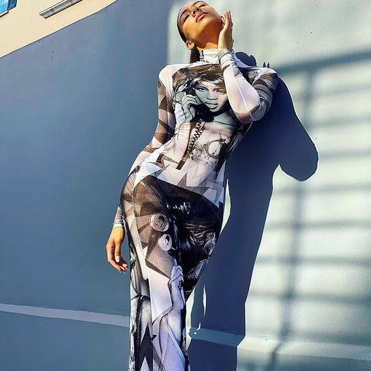 #PB Print Mesh See Through Maxi Dress - passionbarn.com