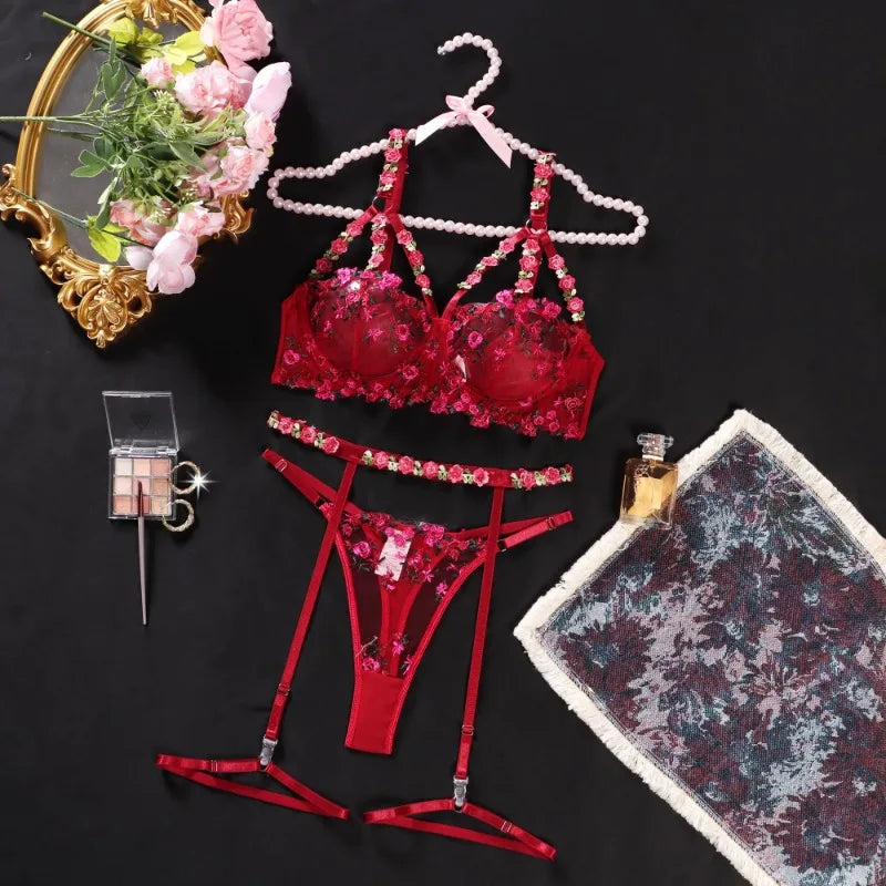 #PB 3-Piece See-Through Floral Lingerie Set - passionbarn.com