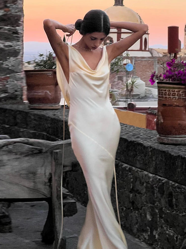 #PB Spaghetti Strap Backless Satin Slip Maxi Dress - passionbarn.com