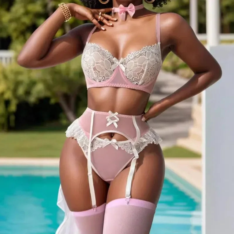 #PB Lingerie Lace Mesh Patchwork Bow Set - passionbarn.com