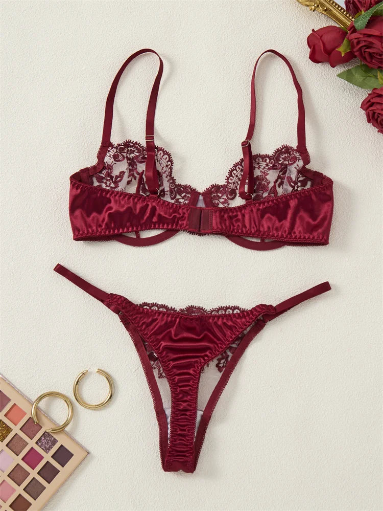 #PB Lingerie Tulle Wine Red Set - passionbarn.com