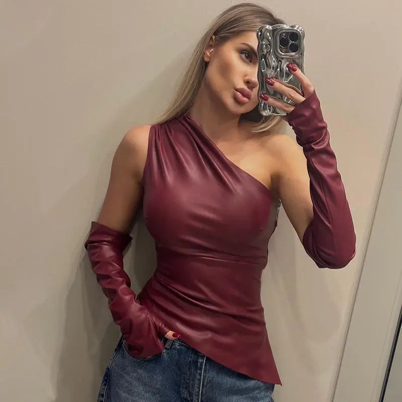 #PB Fashion PU Leather Asymmetrical Top - passionbarn.com