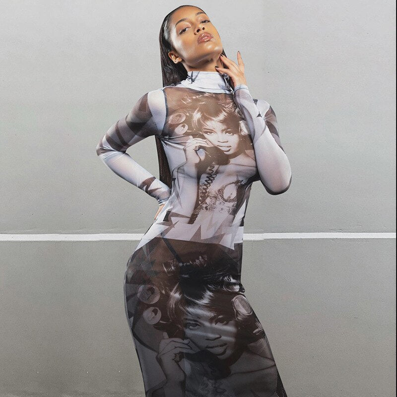 #PB Print Mesh See Through Maxi Dress - passionbarn.com