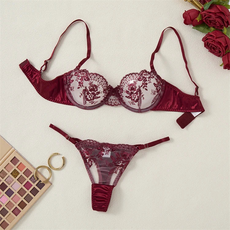 #PB Lingerie Tulle Wine Red Set - passionbarn.com