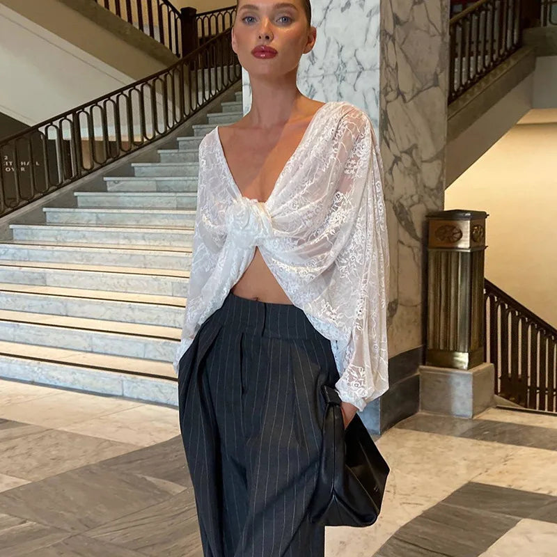 #PB Floral Hollow Out Wrap Lace Top - passionbarn.com