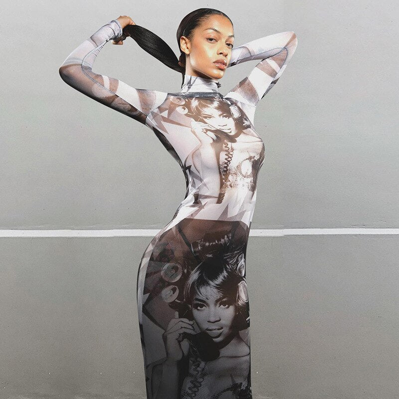 #PB Print Mesh See Through Maxi Dress - passionbarn.com