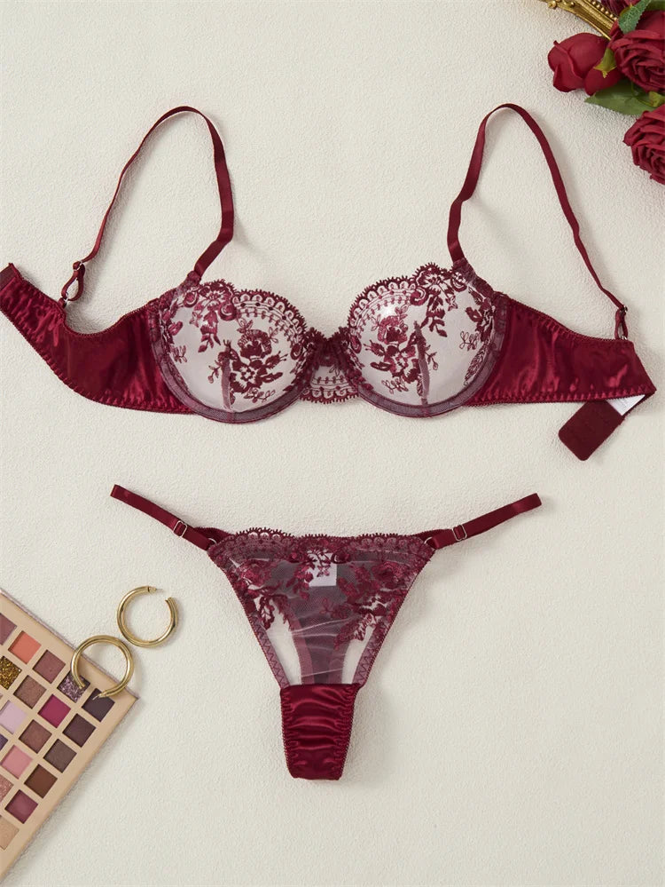 #PB Lingerie Tulle Wine Red Set - passionbarn.com
