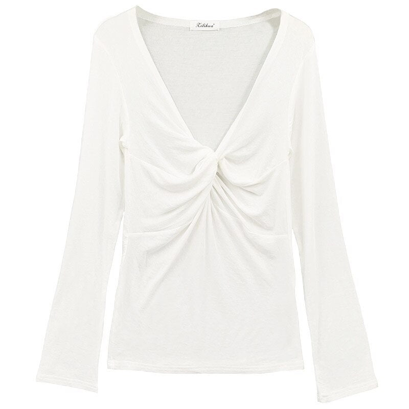 #PB Long Sleeve Shirring V-neck Top - passionbarn.com
