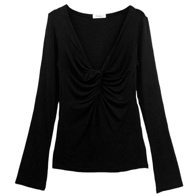 #PB Long Sleeve Shirring V-neck Top - passionbarn.com