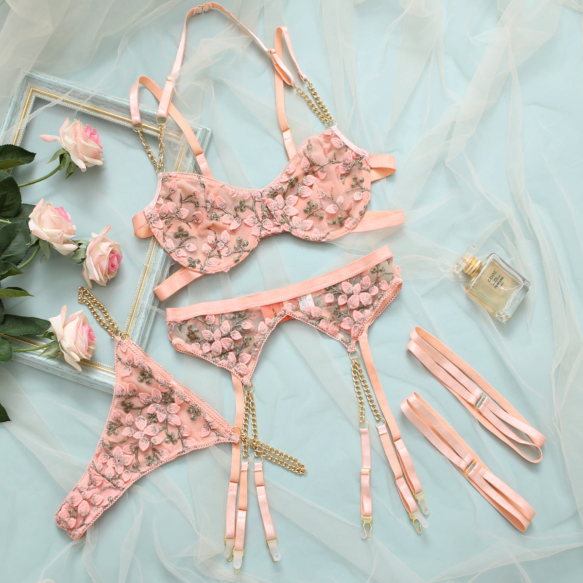 #PB Delicate Lingerie Floral 4-Piece Set - passionbarn.com